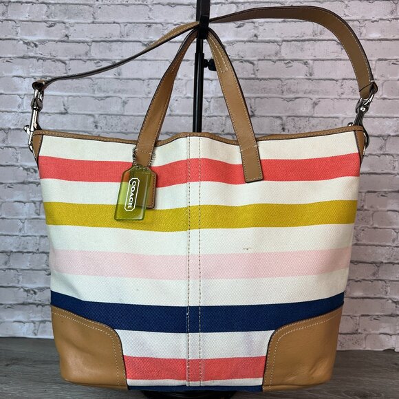 COACH F30041 Hadley Multistripe Canvas/Leather Medium Size Tote Bag - Picture 1 of 9